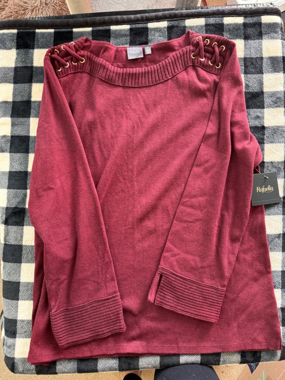 Rafaella Wine Off-Shoulder Lace-Up Knit Sweater